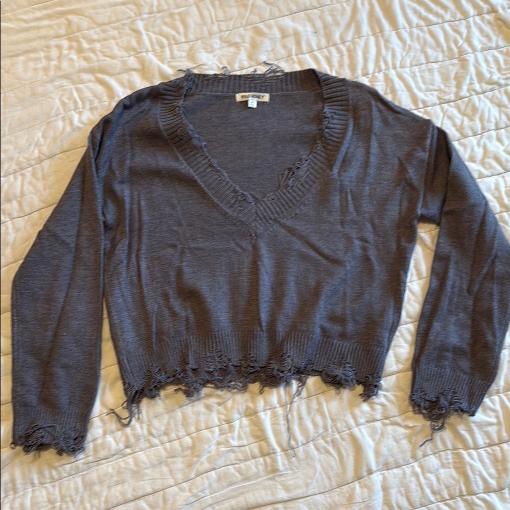 Gray V-Neck Sweater with Lace Hem